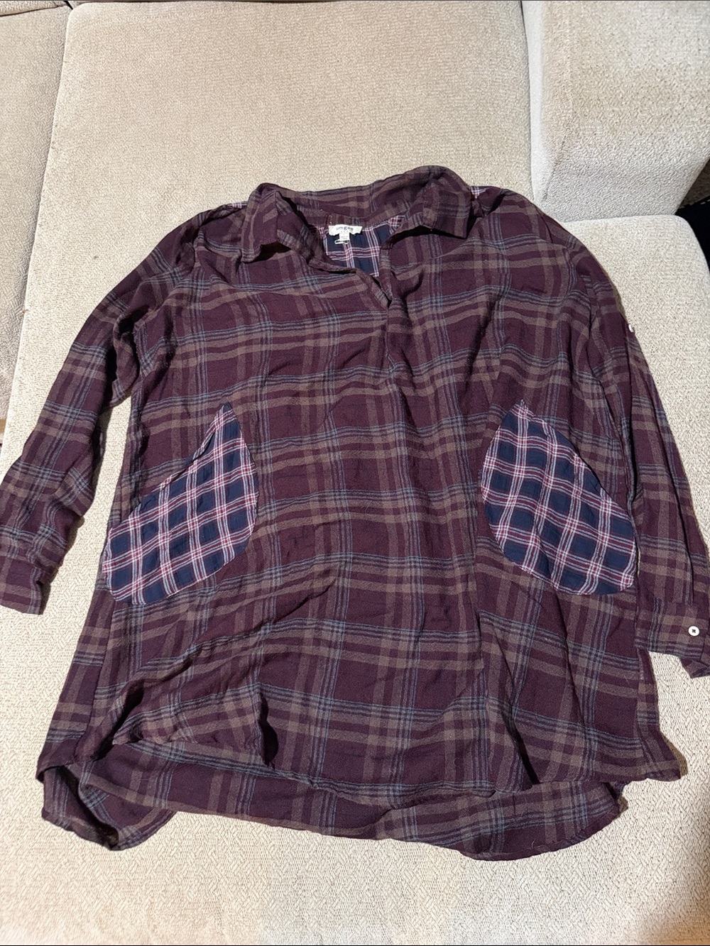 Umgee Burgundy Plaid Tunic with Navy Patch Pockets